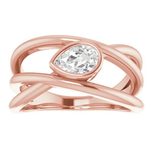 Solitaire Ring Pear Old Cut Natural Diamond Bezel Set Twisted Shank 2 Carats