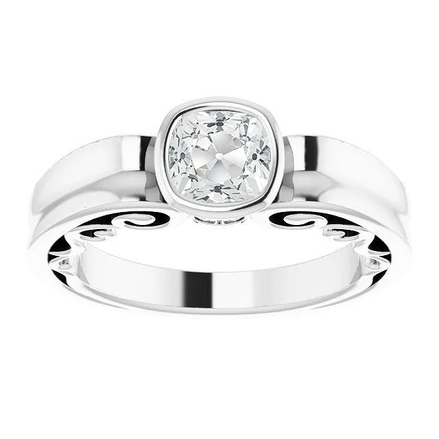 Solitaire Ring Real Cushion Old Cut Diamond Bezel Set Filigree 2.15 Carats