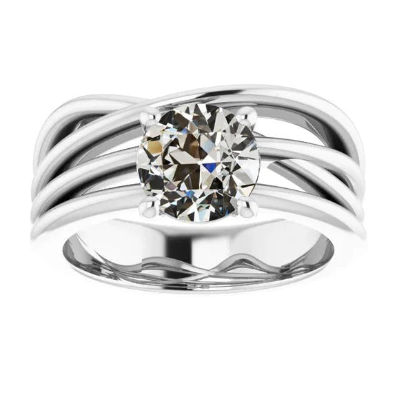 Solitaire Ring Round Old Mine Cut Natural Diamond Triple Split Shank 2 Carats