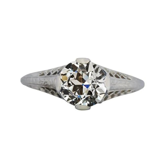Solitaire Ring Round Old Mine Cut Real Diamond Gold 2 Carats Filigree
