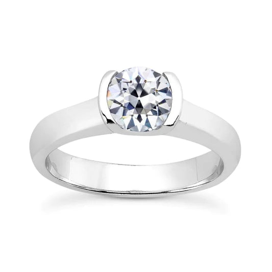 Solitaire Ring Round Old Mine Cut Real Diamond Half Bezel Set 1.50 Carats