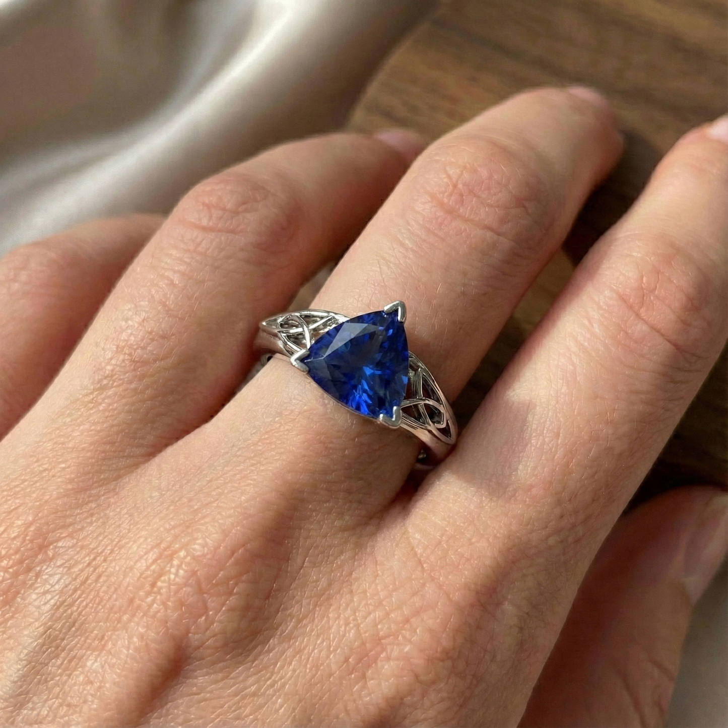 Solitaire Ring Trillion V Prong Blue Sapphire Antique Style 2 Carats