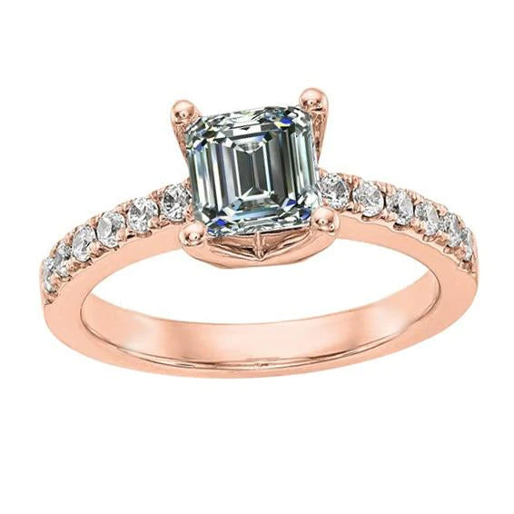 Solitaire Ring With Accents Round & Emerald Genuine Diamond Rose Gold 4 Carats