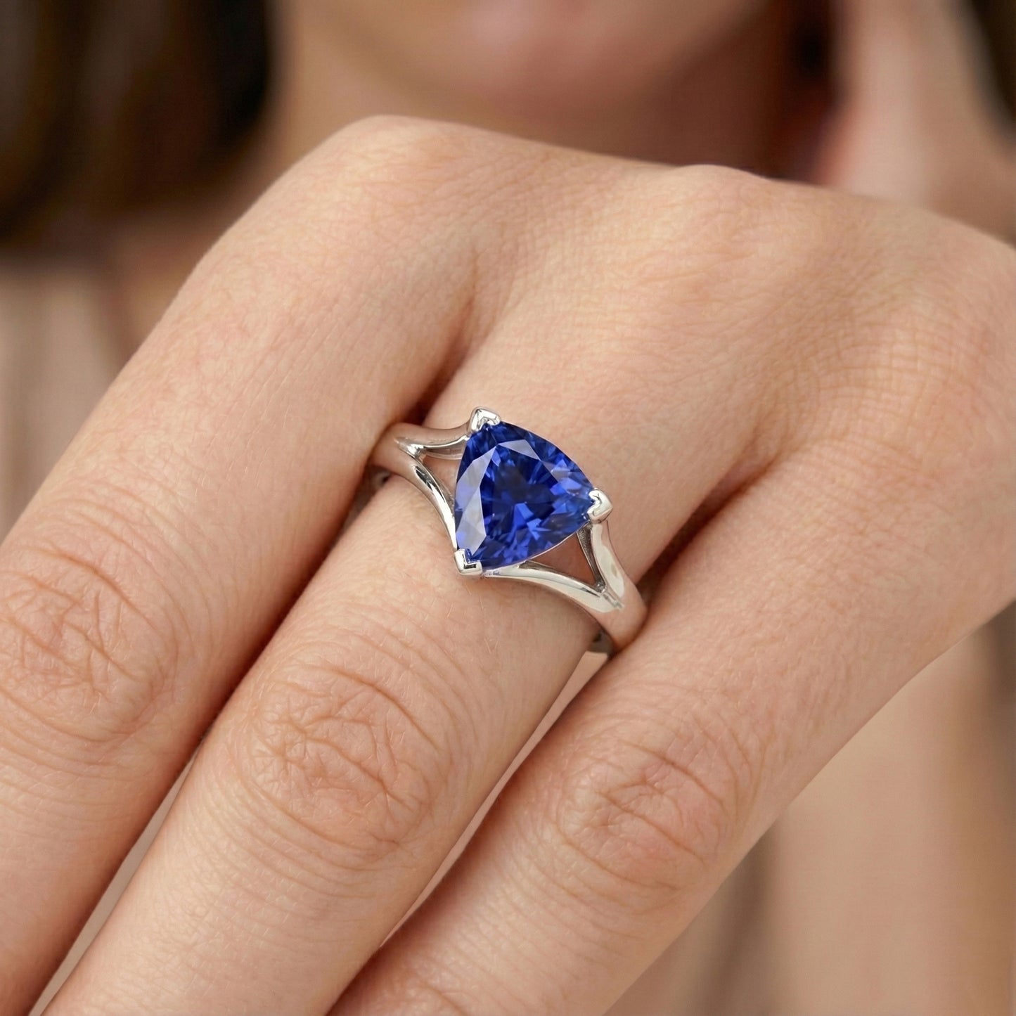 Solitaire Trillion Sapphire Ring V Prong Split Shank 1.50 Carats