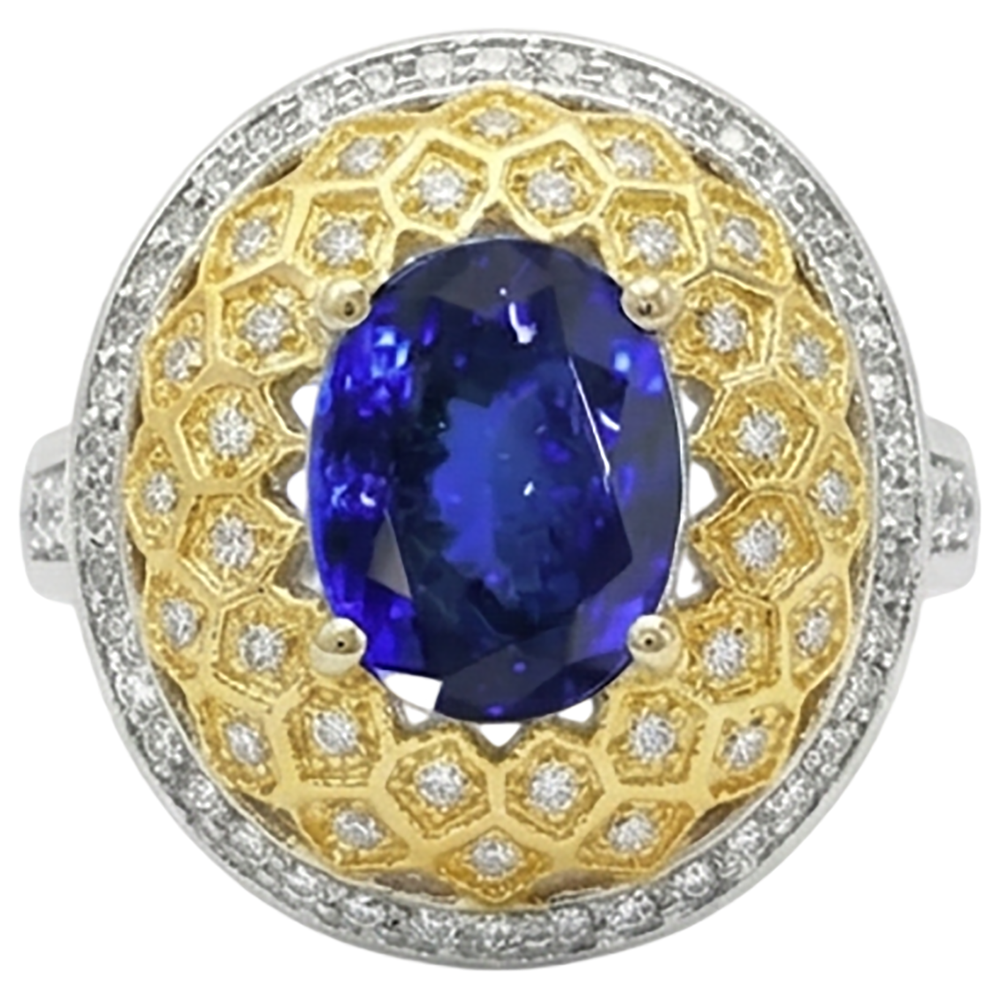 Sparkling 3.11 Ct Oval Tanzanite Natural Earth Mined Diamond ( Not Lab Grown ) s Ring Two Tone Gold