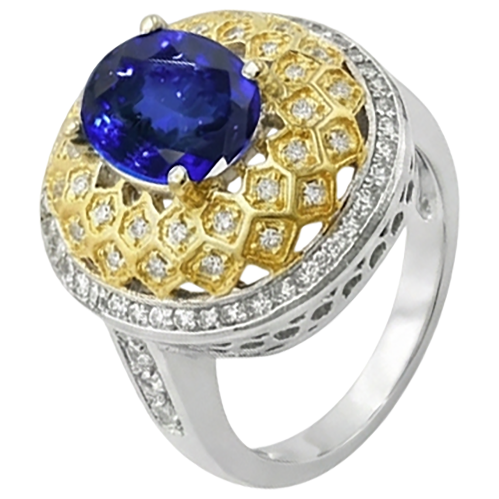 Sparkling 3.11 Ct Oval Tanzanite Natural Earth Mined Diamond ( Not Lab Grown ) s Ring Two Tone Gold