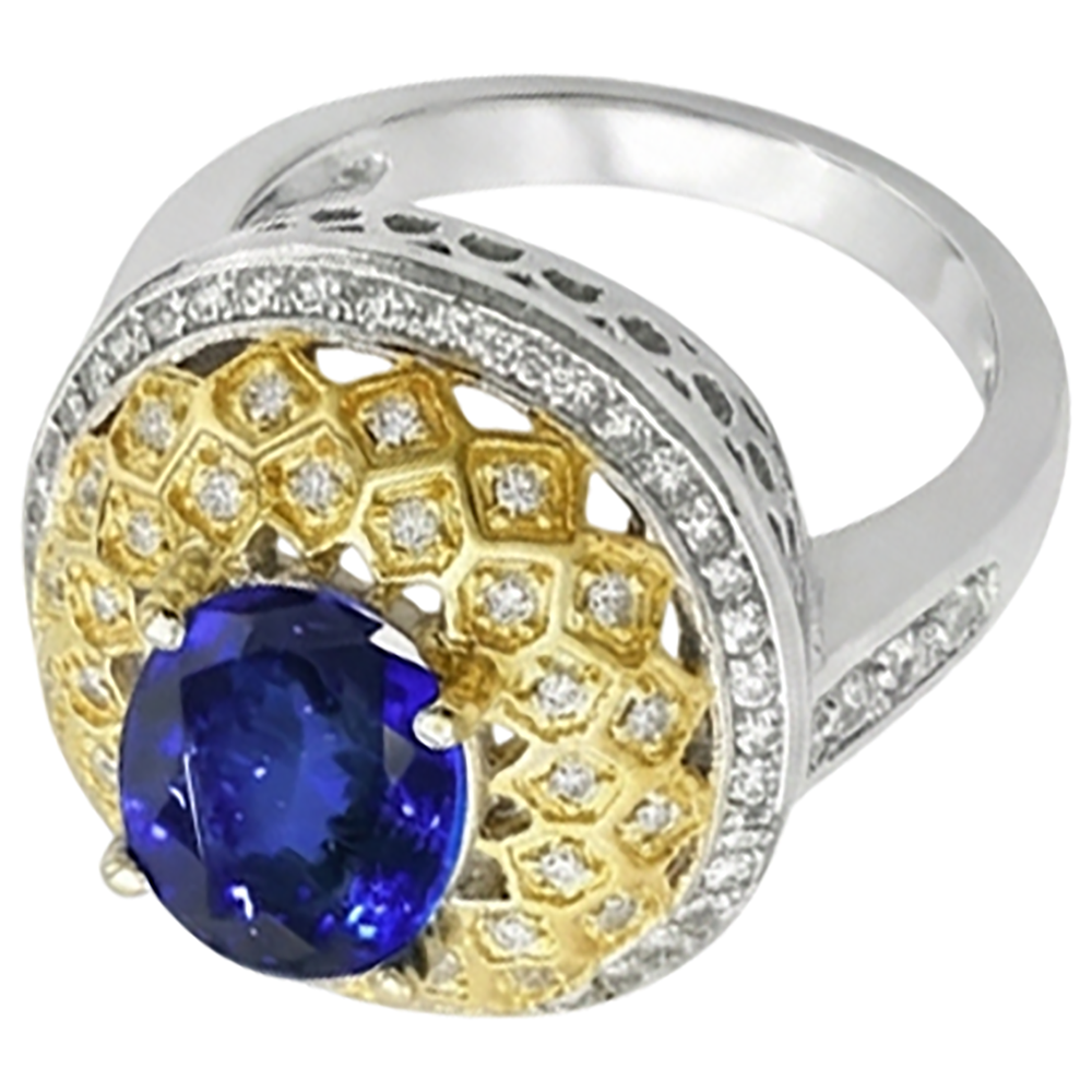 Sparkling 3.11 Ct Oval Tanzanite Natural Earth Mined Diamond ( Not Lab Grown ) s Ring Two Tone Gold