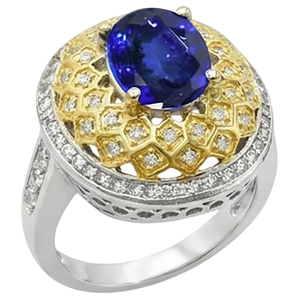 Sparkling 3.11 Ct Oval Tanzanite Natural Earth Mined Diamond ( Not Lab Grown ) s Ring Two Tone Gold