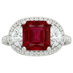 Sparkling 3 Carat Princess Red Ruby Three Stone Style Ring WG 14K