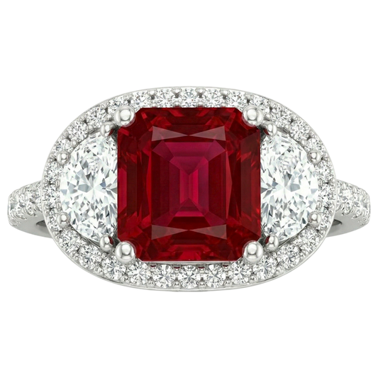 Sparkling 3 Carat Princess Red Ruby Three Stone Style Ring WG 14K