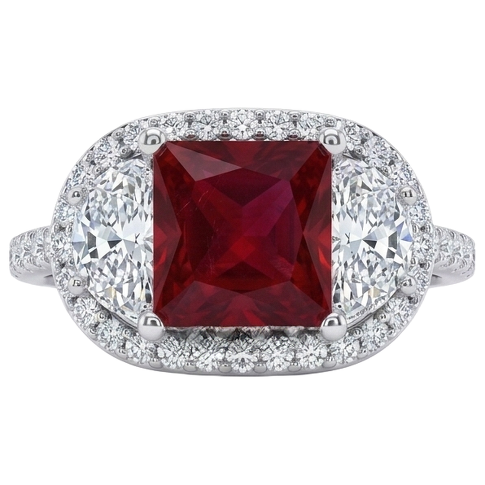 Sparkling 3 Carat Princess Red Ruby Three Stone Style Ring WG 14K
