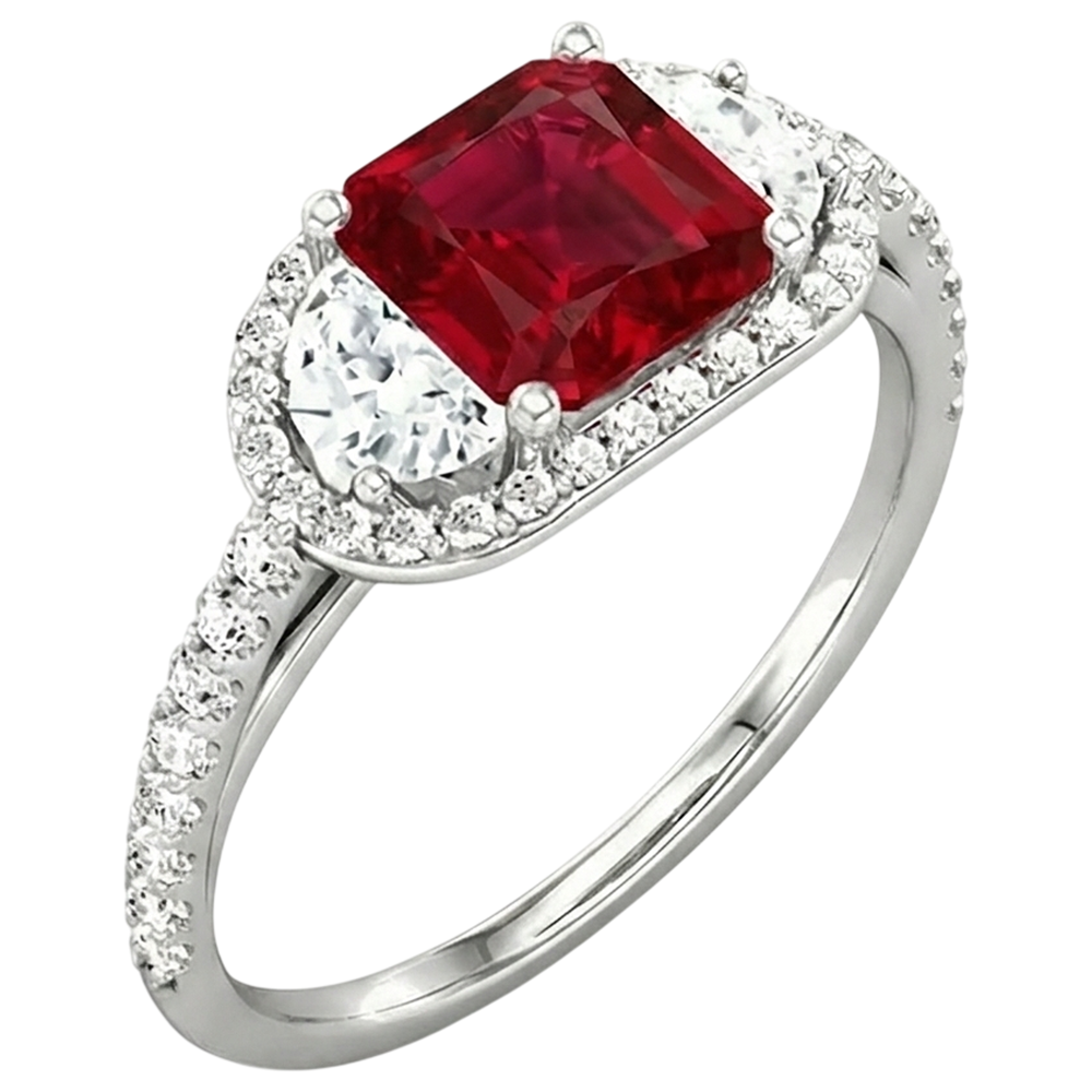 Sparkling 3 Carat Princess Red Ruby Three Stone Style Ring WG 14K