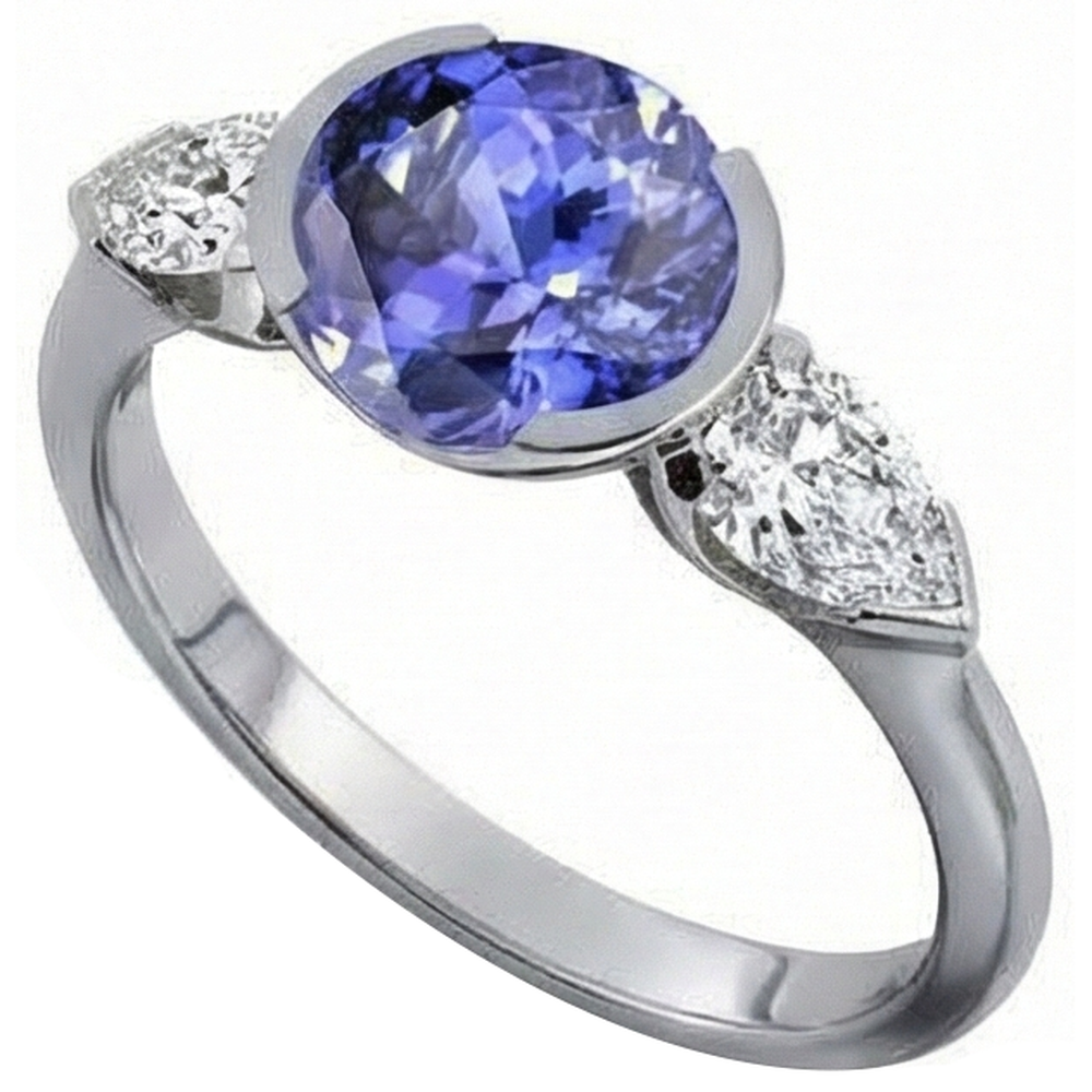 Sparkling 3-Stone 3 Carat Oval Tanzanite And Pear Natural Earth Mined Diamond ( Not Lab Grown )  Ring