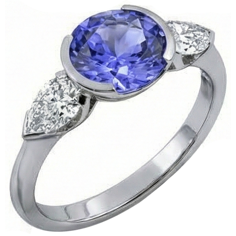 Sparkling 3-Stone 3 Carat Oval Tanzanite And Pear Natural Earth Mined Diamond ( Not Lab Grown )  Ring