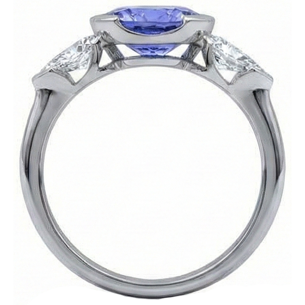 Sparkling 3-Stone 3 Carat Oval Tanzanite And Pear Natural Earth Mined Diamond ( Not Lab Grown )  Ring