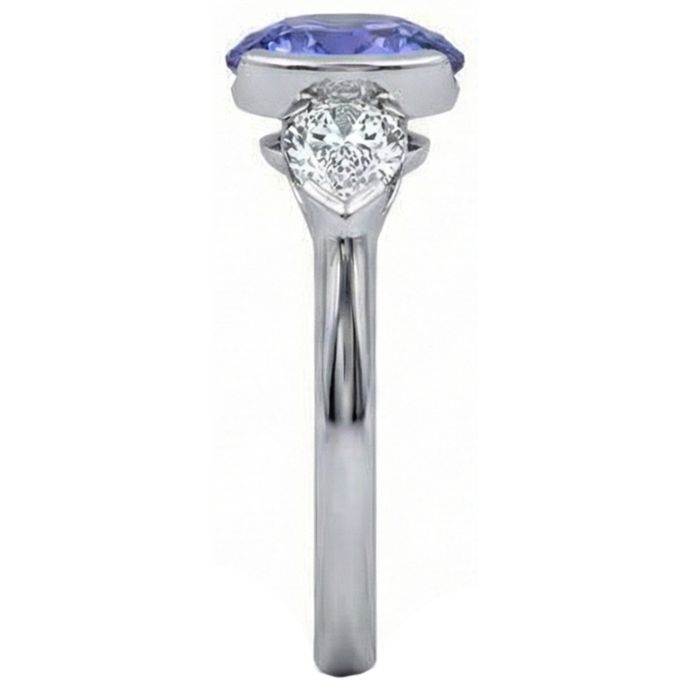 Sparkling 3-Stone 3 Carat Oval Tanzanite And Pear Natural Earth Mined Diamond ( Not Lab Grown )  Ring