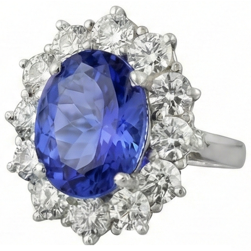 Sparkling 6 Carat Oval AAA Tanzanite And Round Natural Earth Mined Diamond ( Not Lab Grown ) s Ring