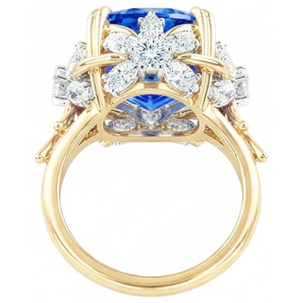 Sparkling Cushion Ceylon Sapphire Natural Earth Mined Diamond ( Not Lab Grown )  Ring 7.80 Ct Yellow Gold 14K