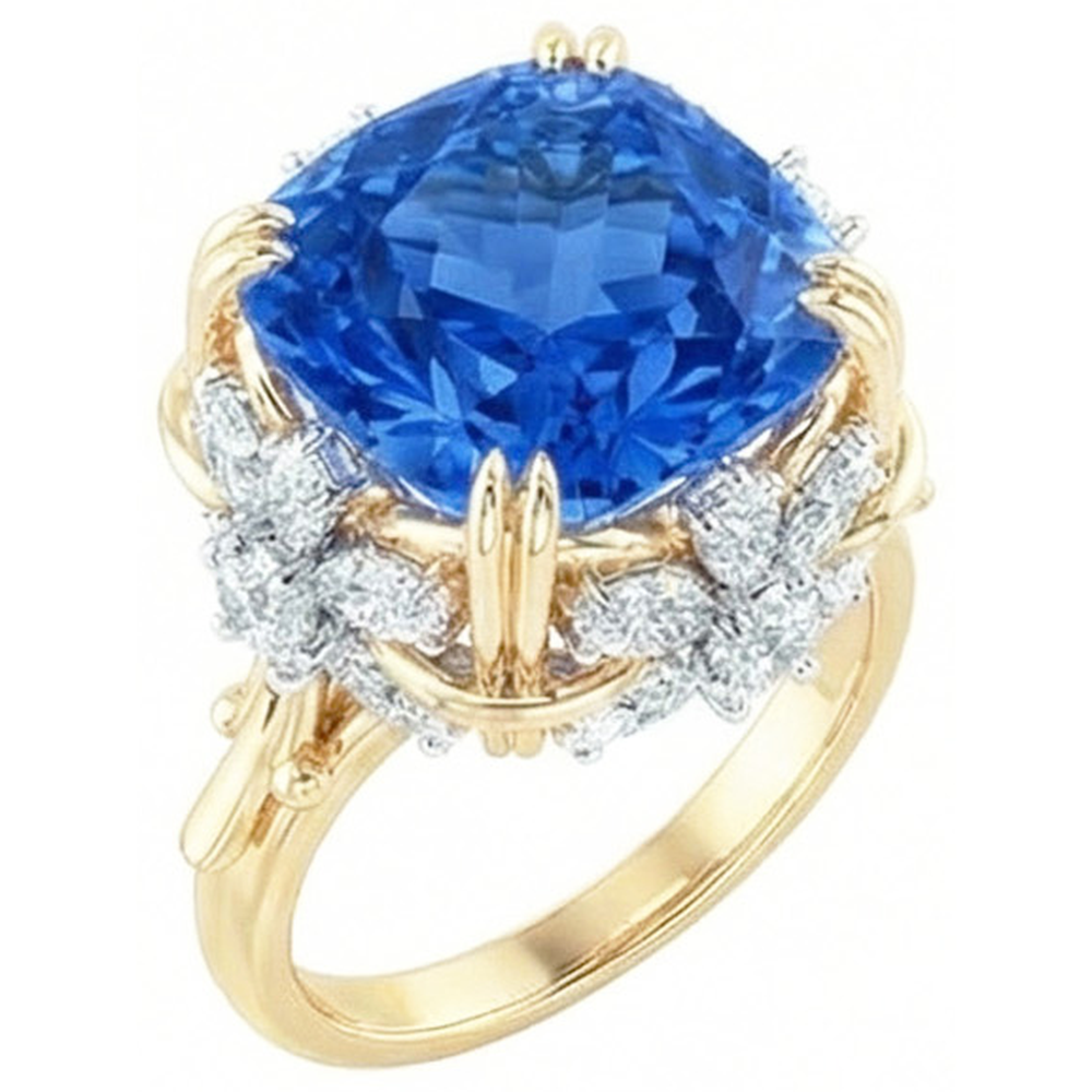 Sparkling Cushion Ceylon Sapphire Natural Earth Mined Diamond ( Not Lab Grown )  Ring 7.80 Ct Yellow Gold 14K