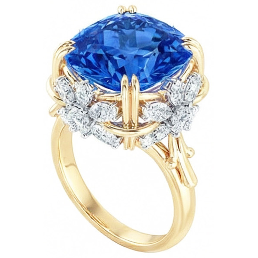 Sparkling Cushion Ceylon Sapphire Natural Earth Mined Diamond ( Not Lab Grown )  Ring 7.80 Ct Yellow Gold 14K
