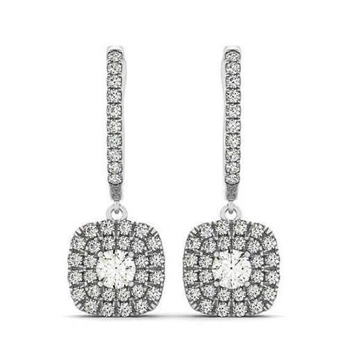 Sparkling 2.50 Carat Round Real Diamond Halo Dangle Earring White Gold 14K