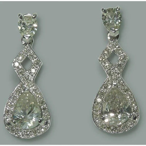 Sparkling 3.50 Carat Pear Real Diamond Dangle Drop Pair Earrings WG 14K