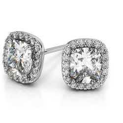Sparkling Cushion & Round Cut 3.36 Carats Natural Diamonds Stud Halo Earrings