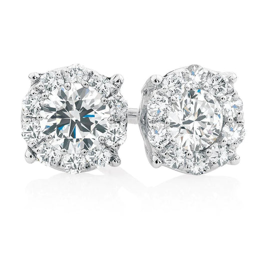 Sparkling Halo Round Real Diamond Stud Earrings 3.50 Carat White Gold 14K
