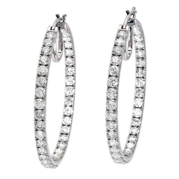 Sparkling Prong Set 3.40 Ct Round Cut Real Diamonds Hoop Earrings Gold 14K