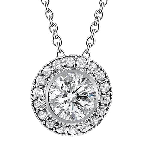 Sparkling Real Diamond Pendant Necklace 2.50 Ct. Milgrain Bezel Set WG 14K