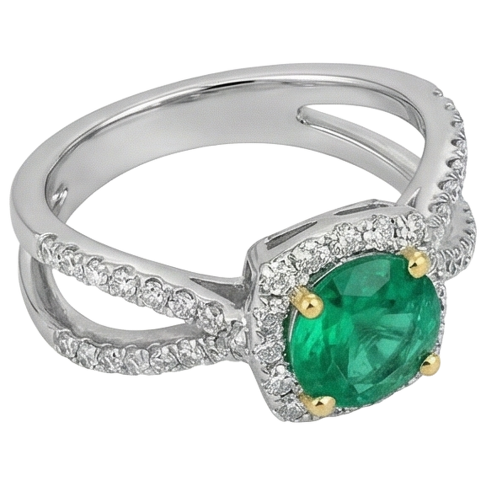 Colombian Emerald Precious Stone Ring 2-ct Two-Tone 14K Gold – side view