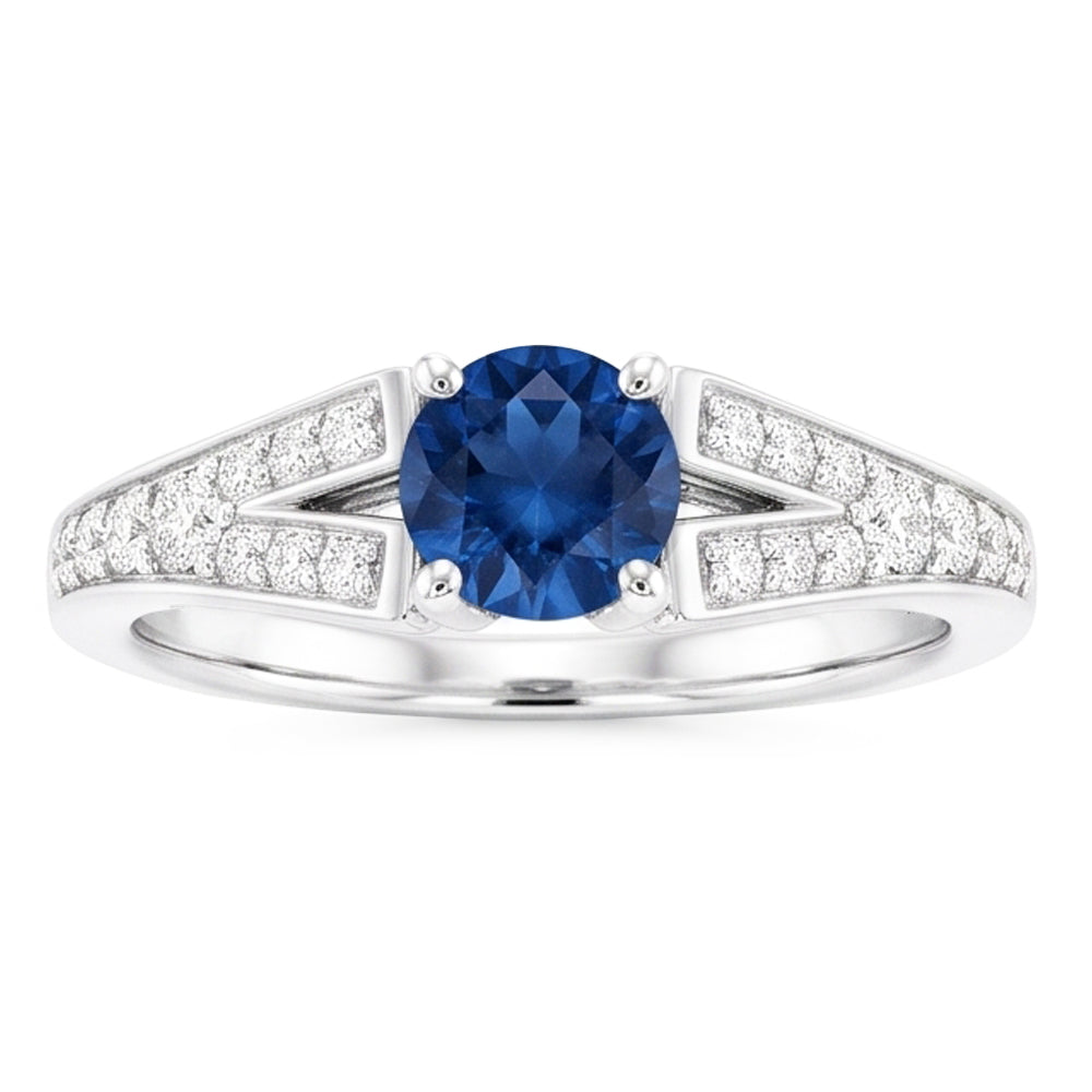 Split Shank Round Blue Sapphire Ring White Gold 14K 1.75 Carats