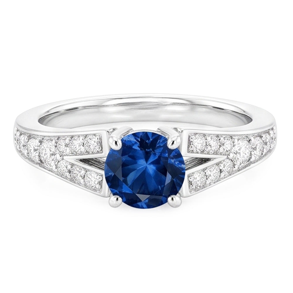 Split Shank Round Blue Sapphire Ring White Gold 14K 1.75 Carats
