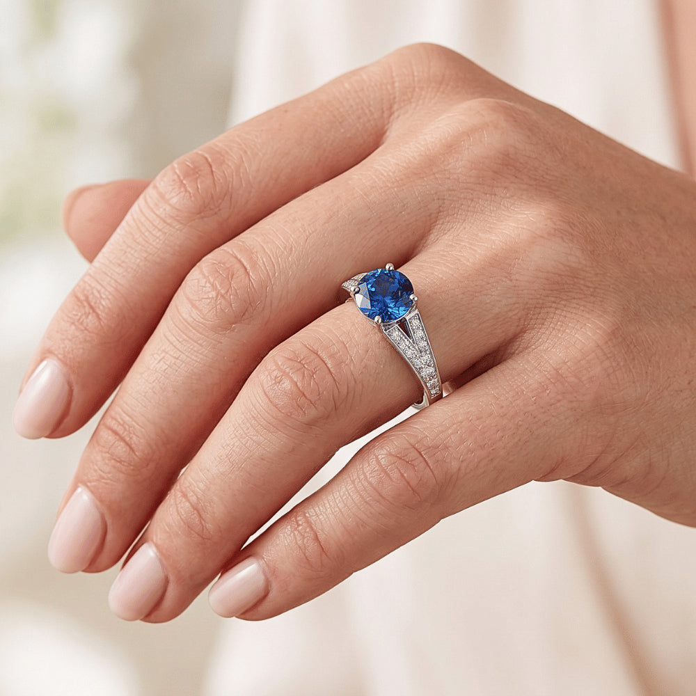 Split Shank Round Blue Sapphire Ring White Gold 14K 1.75 Carats