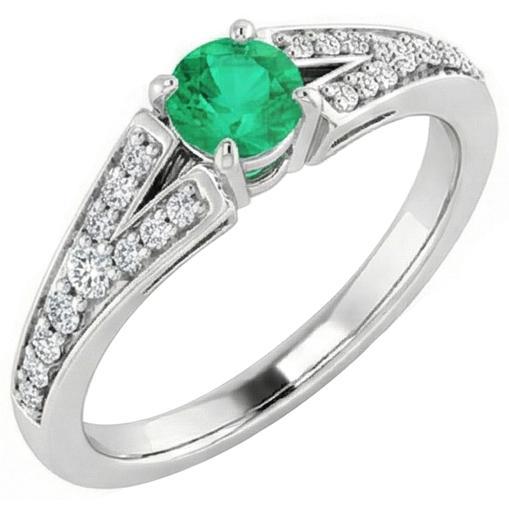 Split Shank Round Green Emerald Ring 1.75 Carats White Gold 14K