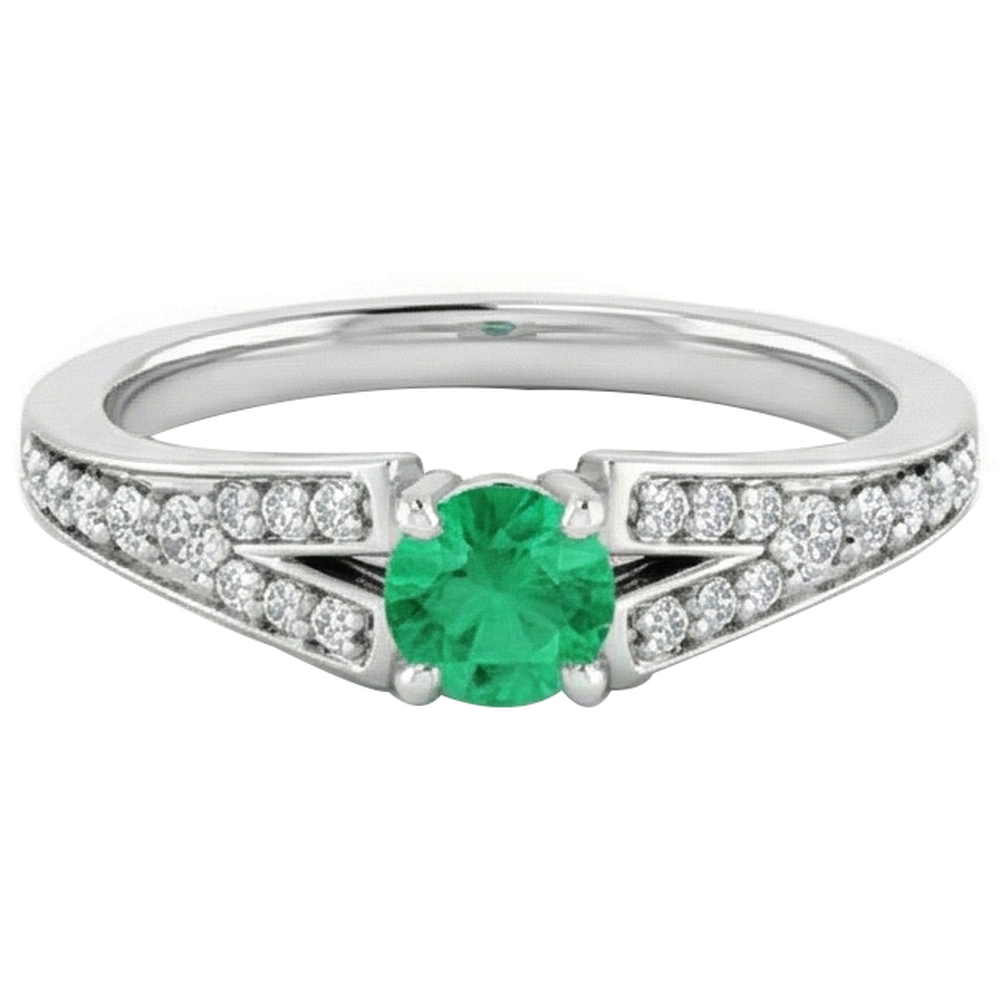 Split Shank Round Green Emerald Ring 1.75 Carats White Gold 14K
