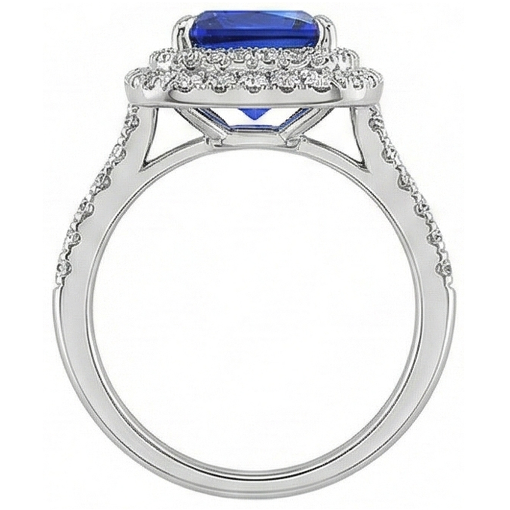 Square Cut Double Halo Sri Lankan Sapphire Ring 4.50 Carats White Gold