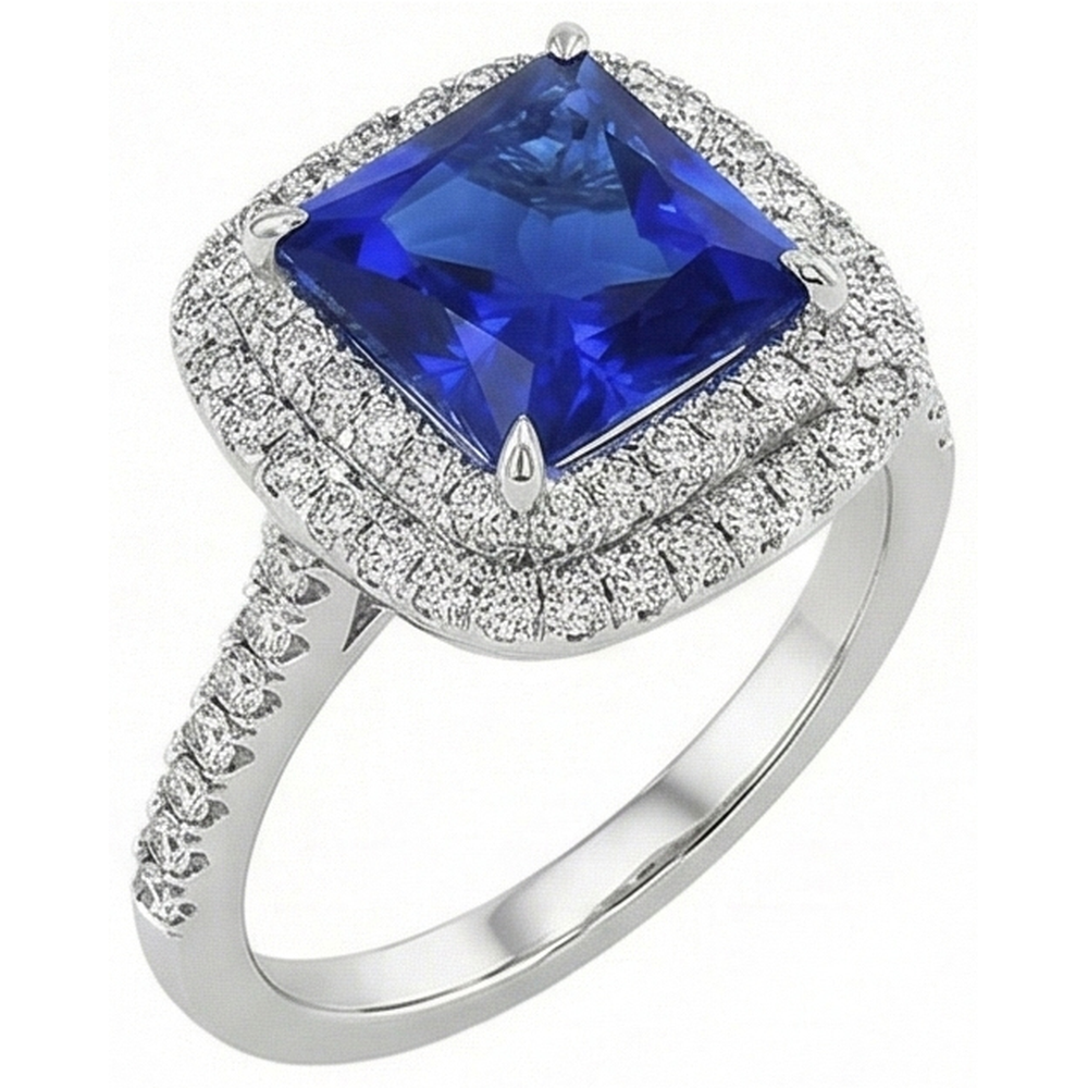 Square Cut Double Halo Sri Lankan Sapphire Ring 4.50 Carats White Gold