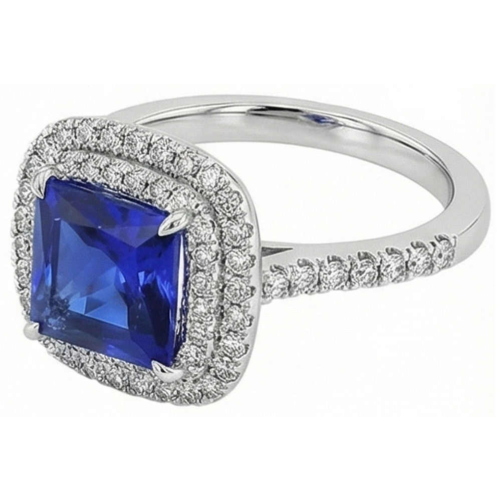 Square Cut Double Halo Sri Lankan Sapphire Ring 4.50 Carats White Gold