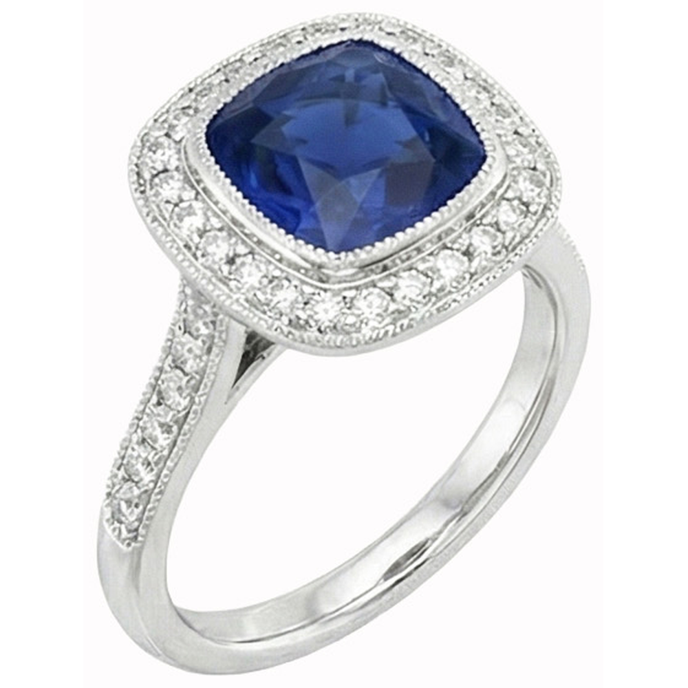 Square Sapphire Halo Natural Earth Mined Diamond ( Not Lab Grown )  Ring