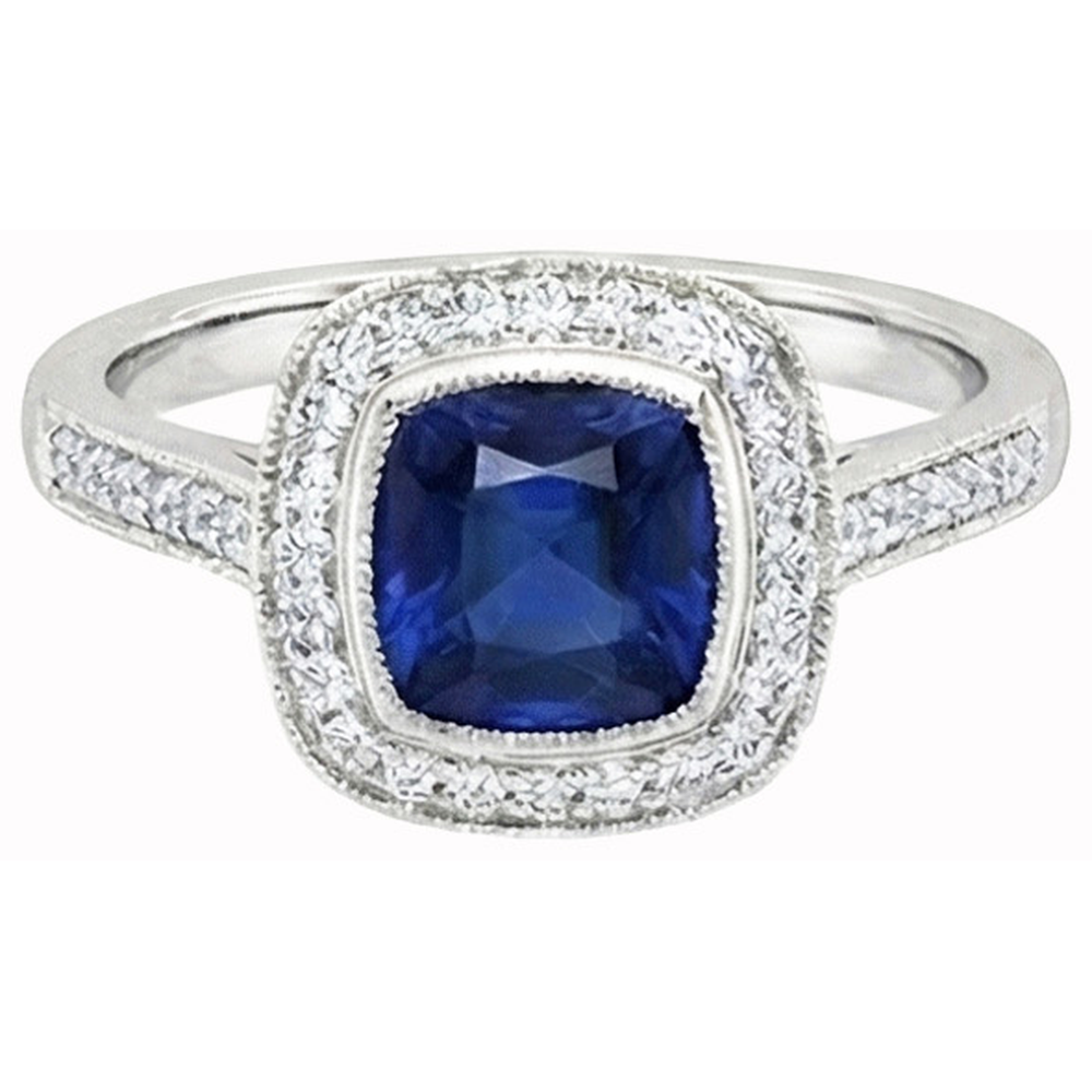 Square Sapphire Halo Natural Earth Mined Diamond ( Not Lab Grown )  Ring