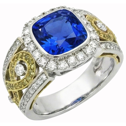 Sri Lanka Blue Sapphire Cushion Natural Earth Mined Diamond ( Not Lab Grown ) s Ring 3.25 Carats Two Tone 14K