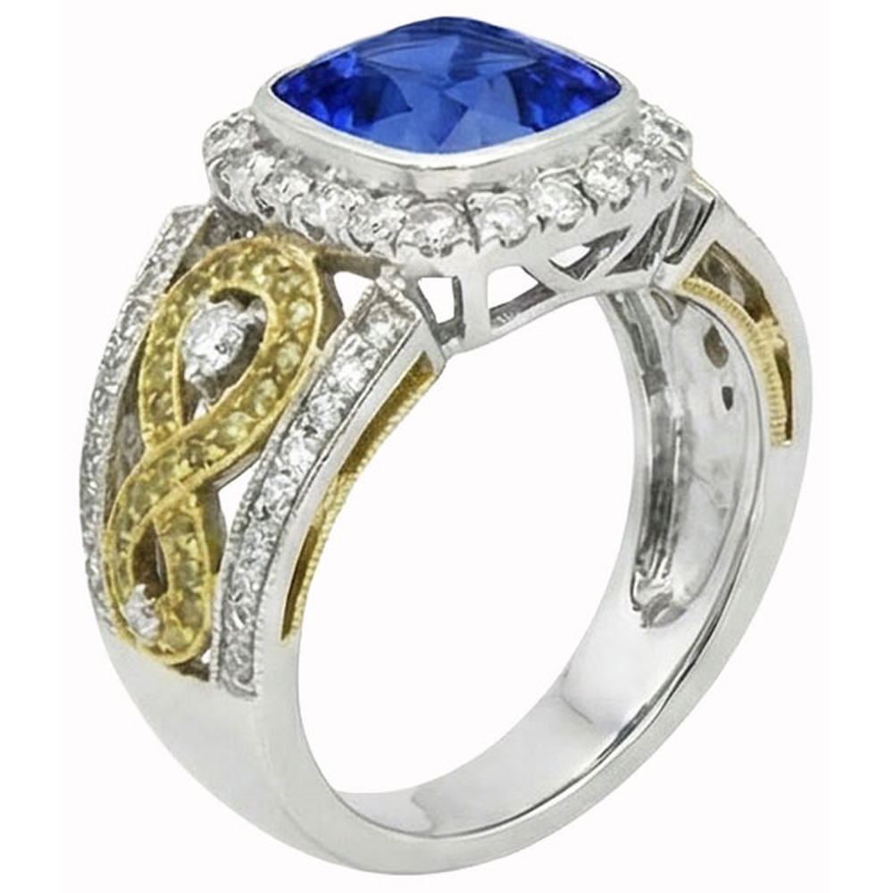 Sri Lanka Blue Sapphire Cushion Natural Earth Mined Diamond ( Not Lab Grown ) s Ring 3.25 Carats Two Tone 14K