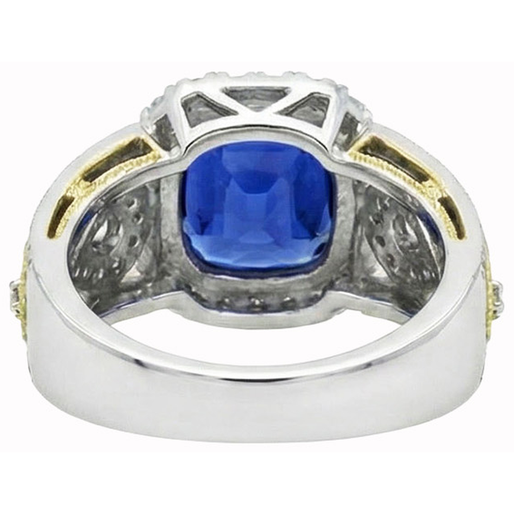 Sri Lanka Blue Sapphire Cushion Natural Earth Mined Diamond ( Not Lab Grown ) s Ring 3.25 Carats Two Tone 14K