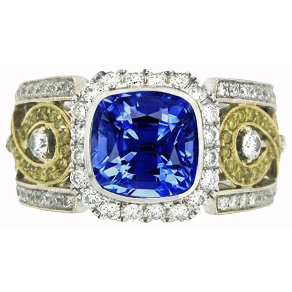 Sri Lanka Blue Sapphire Cushion Natural Earth Mined Diamond ( Not Lab Grown ) s Ring 3.25 Carats Two Tone 14K