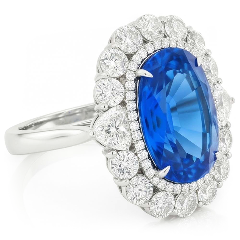 Sri Lanka Blue Sapphire Natural Earth Mined Diamond ( Not Lab Grown )  8.25 Ct Ring Gold White 14K