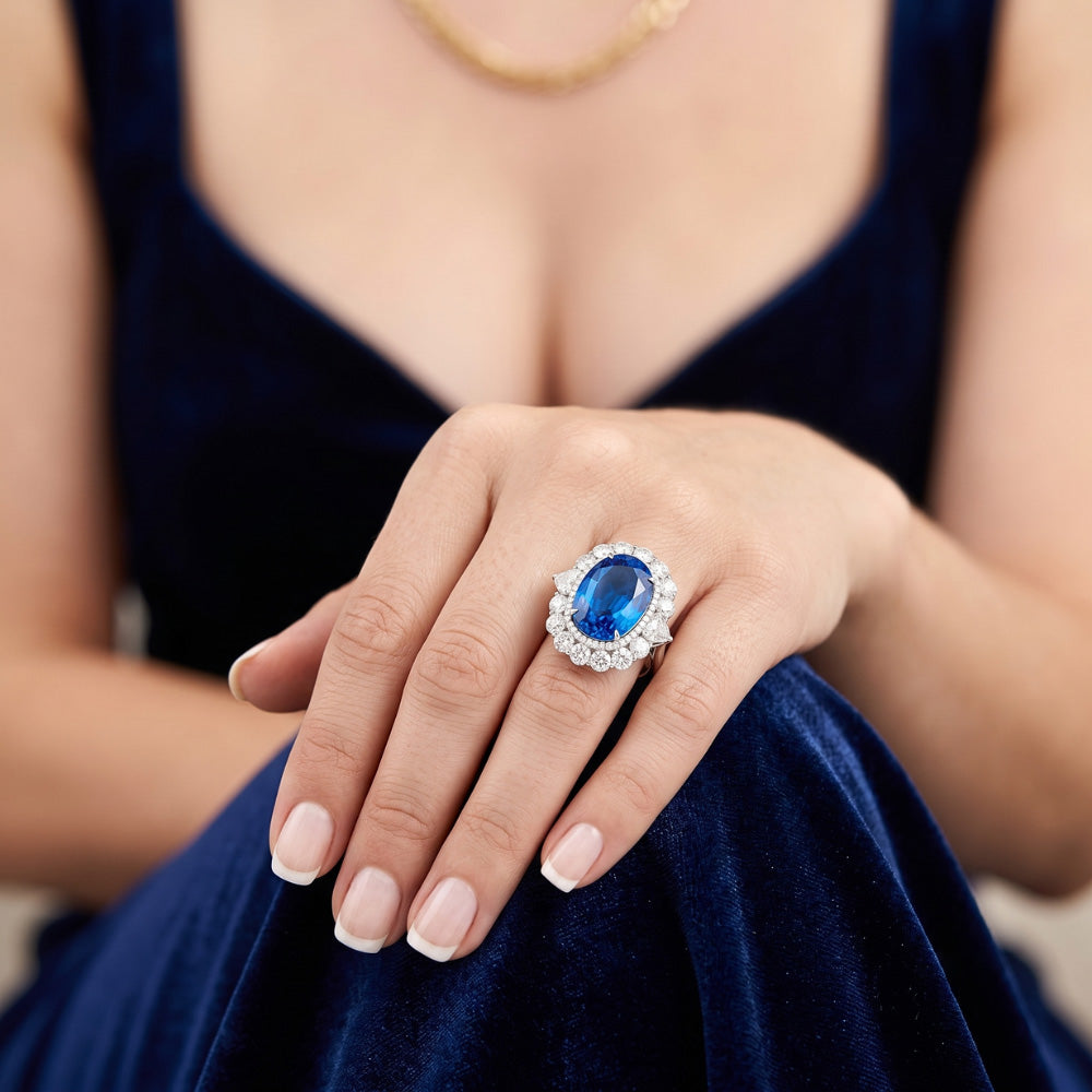 Sri Lanka Blue Sapphire Natural Earth Mined Diamond ( Not Lab Grown )  8.25 Ct Ring Gold White 14K