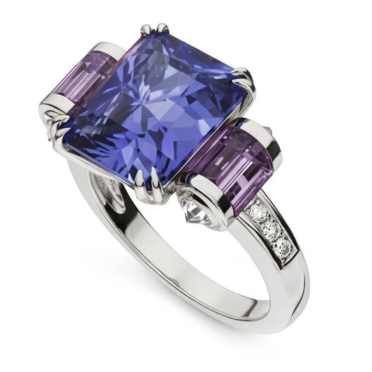 Sri Lanka Color Sapphire Amethyst And IGI CERTIFIED Diamonds 8 Carat Ring 14K Jewelry