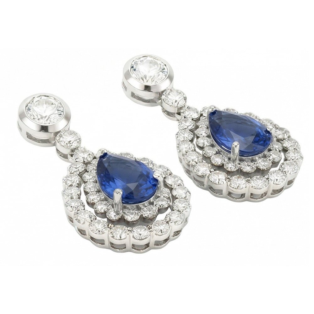 Sri Lanka Sapphire And Natural Earth Mined Diamond ( Not Lab Grown )  Dangle Earring Pear Cut 5.50 Ct