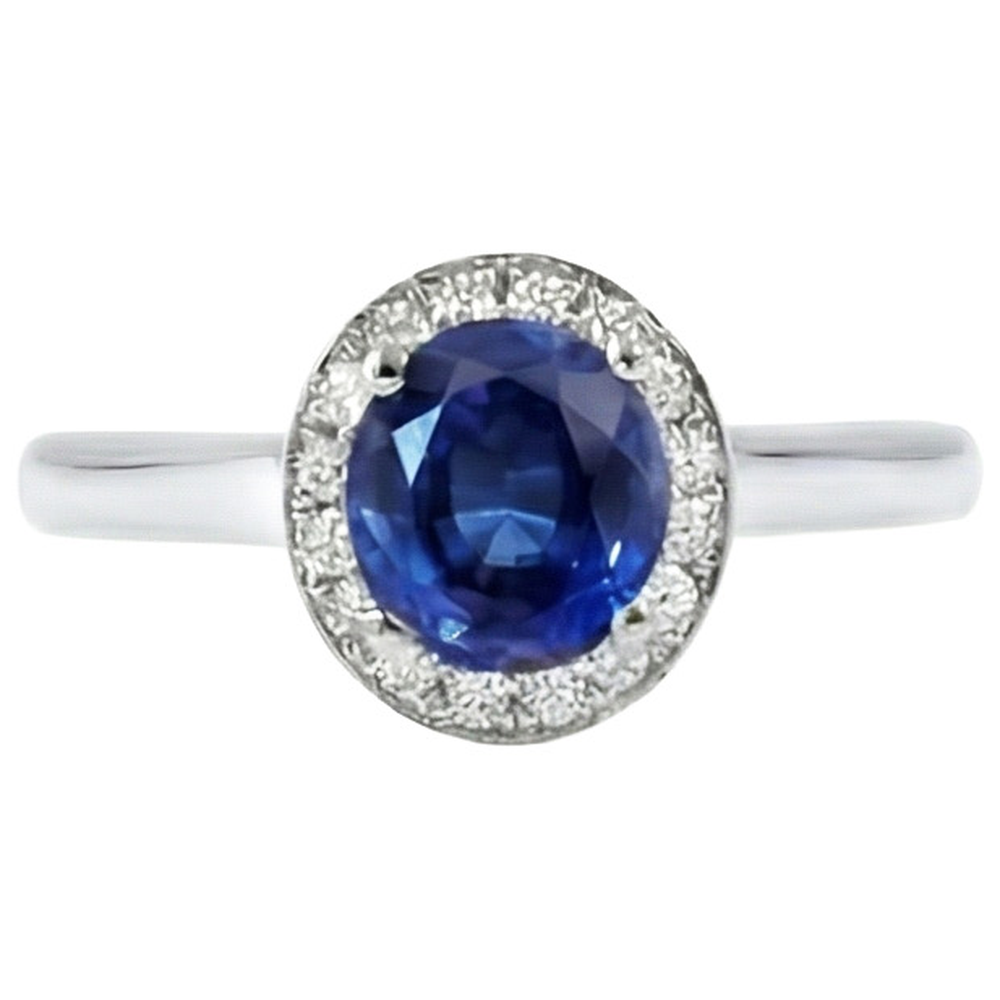 Sri Lanka Sapphire Oval And Round Natural Earth Mined Diamond ( Not Lab Grown )  Ring Gold 14K 2.90 Ct.